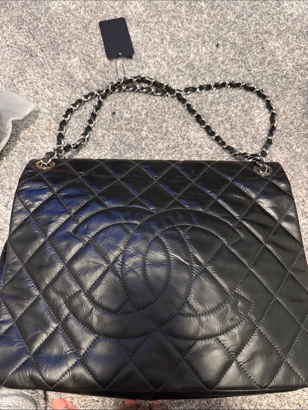 Black Quilted Leather Shoulder Bag with Chain Strap